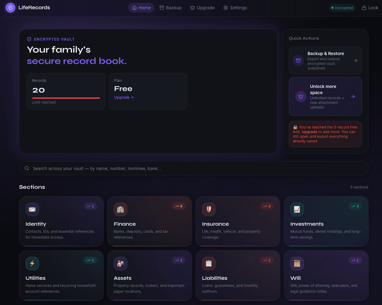 LifeRecords encrypted vault dashboard