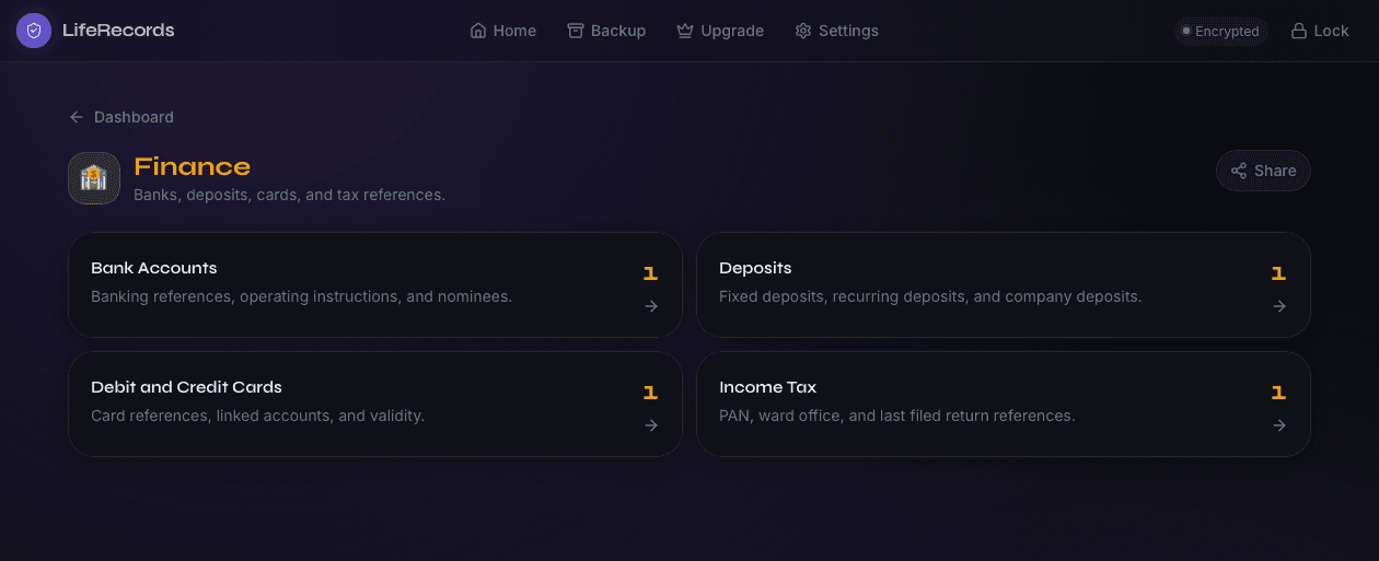 LifeRecords finance category records