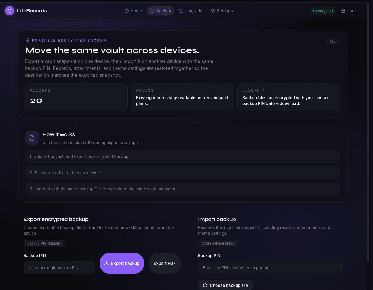 LifeRecords portable encrypted backup screen