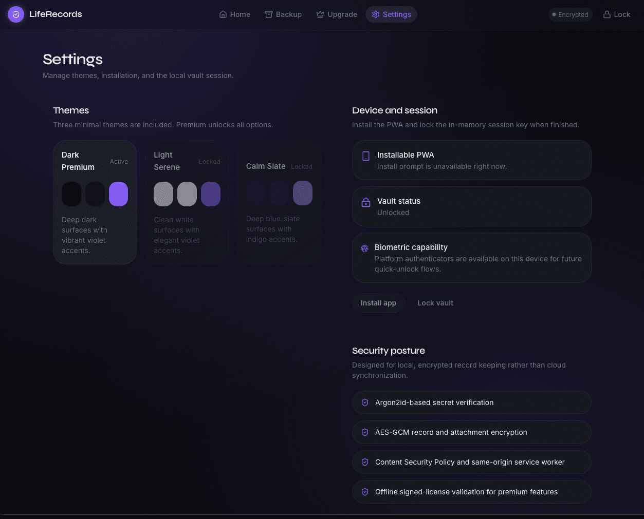 LifeRecords security settings screen
