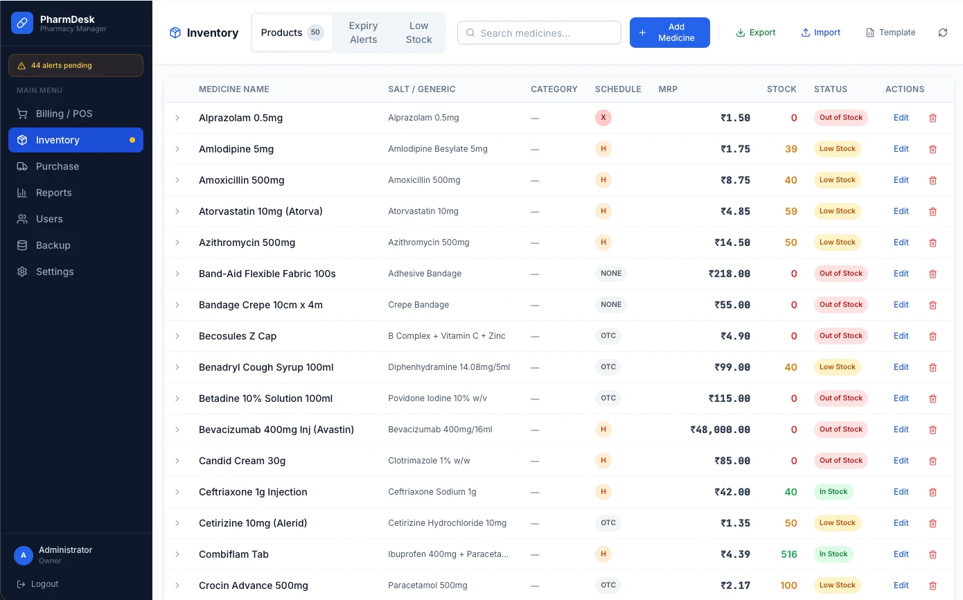 PharmDesk ઇન્વેન્ટરી મેનેજમેન્ટ સ્ક્રીન જેમાં સ્ટોક લેવલ, દવા વિગતો, એક્સપાયરી એલર્ટ અને લો-સ્ટોક સ્થિતિ દેખાય છે