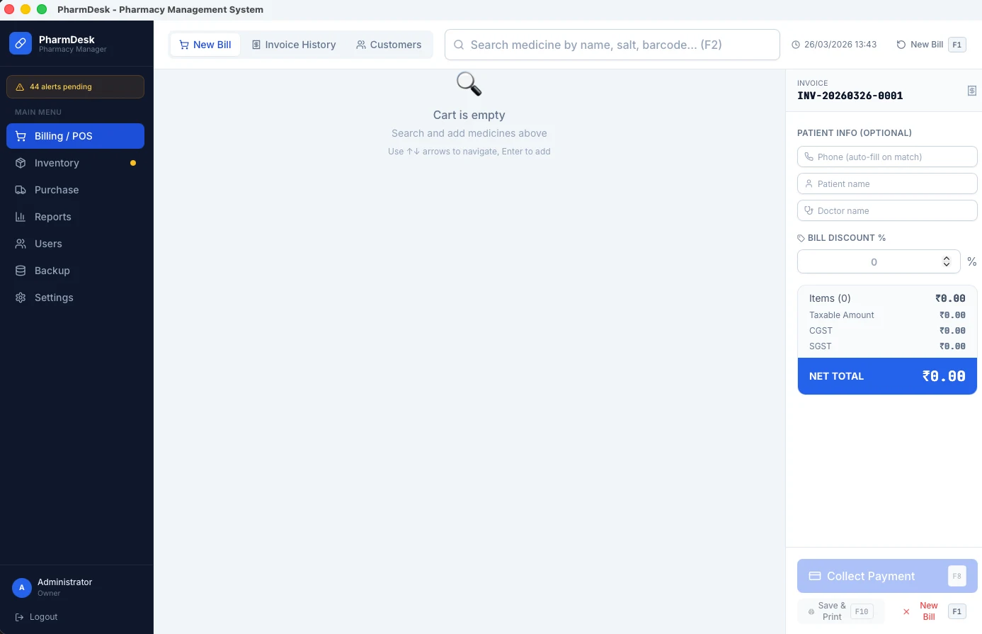 Espace de facturation et POS PharmDesk avec recherche de médicaments, résumé de facture et contrÎles d'encaissement